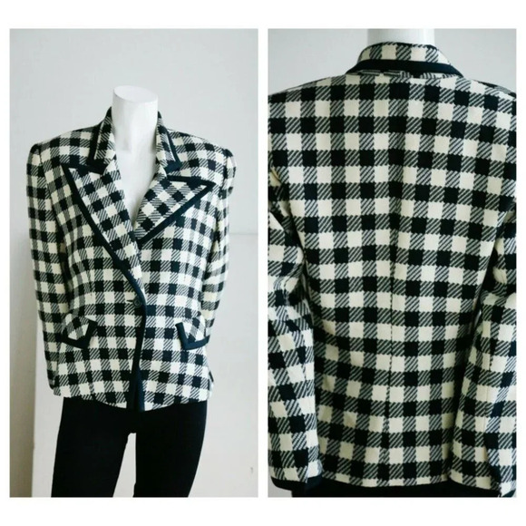 Vintage Wool Black White PlAid Notched Collar Fitted Cropped Chic Blazer M - Picture 1 of 10